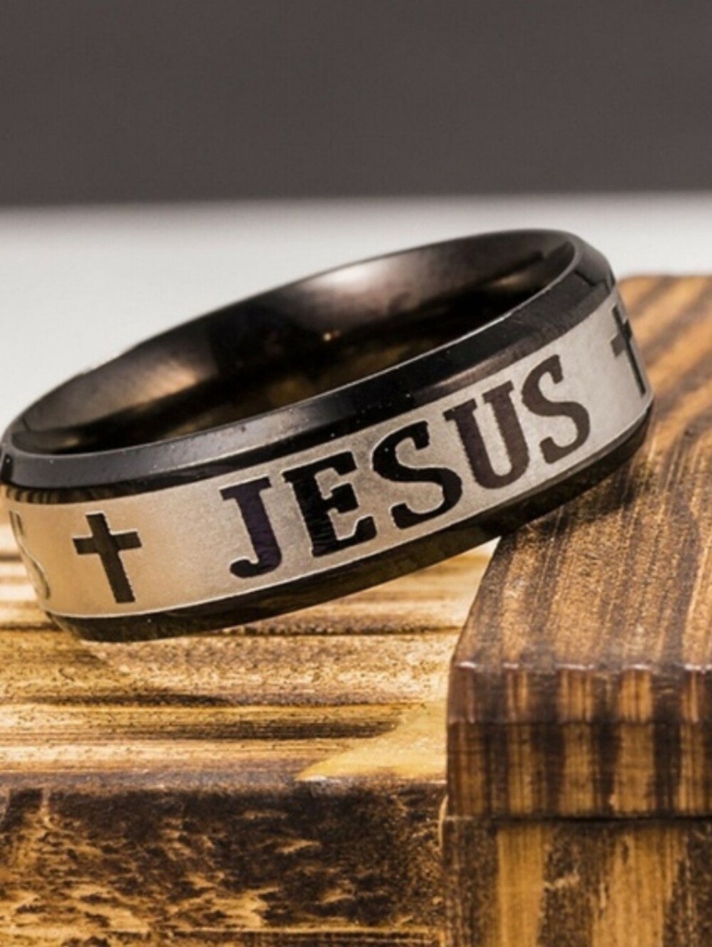 Jesus Cross Prayer Ring Stainless Black And Silver Band!